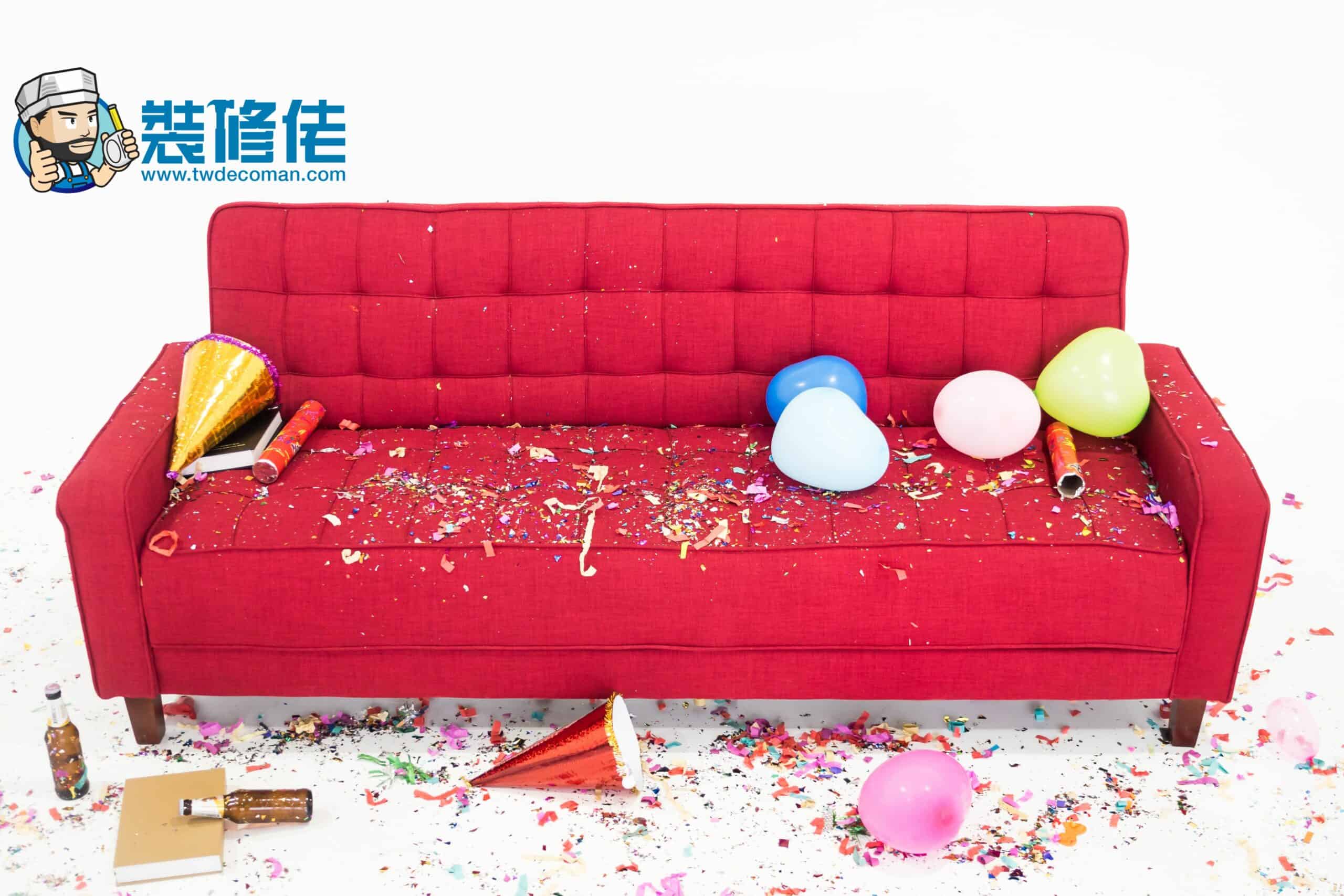 Chaos on the red sofa after new year party